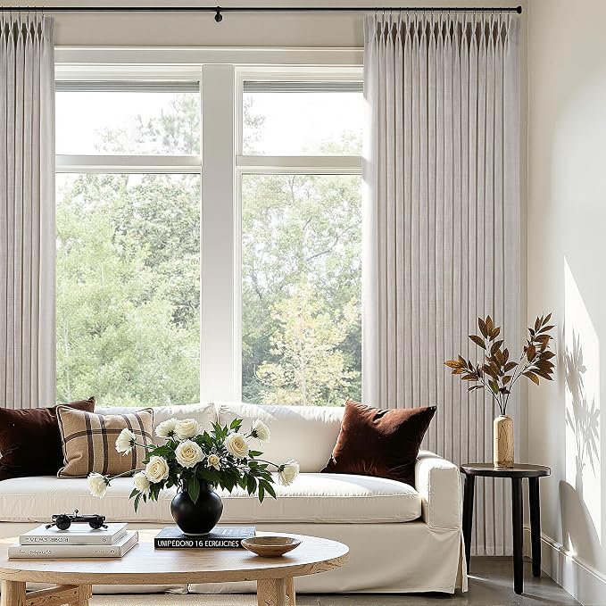 Pinch Pleated Linen Curtains 108 Inches Long 2 Panels for Living Room Bedroom Light Filtering Curtain Memory Shape Trained Pinch Pleat Thick Linen Drapes Back Tab with Hooks Clip Rings Taupe