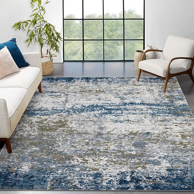ROYHOME 8x10 Modern Abstract Rug Faux Wool Accent Ultra Soft Rug Non Slip Non Shedding Large Washable Rug for Living Room Bedroom Dining Room Office Home, Navy