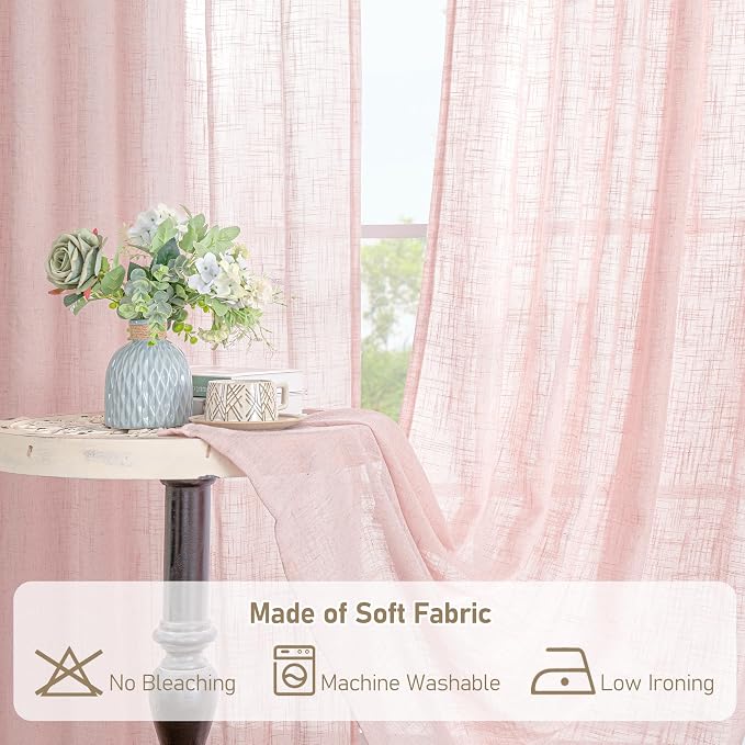 LAMIT Linen Curtains 90 Inch for Living Room, Back Tab and Rod Pocket Linen Textured Farmhouse Curtains Light Filtering Drapes for Bedroom/Dining Room, Pink, Set of 2, 52 x 90 Inch