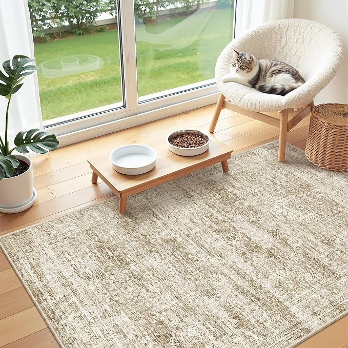 3x4 Rugs for Entryway,Washable Area Rug,Brown | Small Rug for Kitchen,Hallway,Bedroom,Bathroom,Thin,Soft, Neutral Rug,Stain Resistant Indoor Carpet,Non Slip