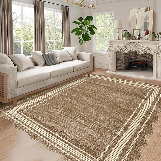 Garvee Scalloped Modern Abstract Area Rug 8x10 Washable Rug for Living Room, Non-Slip Soft Carpet for Bedroom, Scalloped Low-Pile Solid Print Accent Rug for Dining Room Home Office, Brown | Rugs for Living Room, Non-Slip Soft Carpet for Bedroom, Scallo...