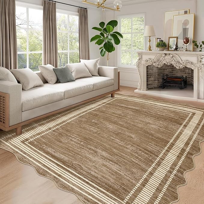 Garvee Scalloped Modern Abstract Area Rug 9x12 Large Washable Rug for Living Room, Non-Slip Soft Carpet for Bedroom, Scalloped Low-Pile Solid Print Accent Rug for Dining Room Home Office, Brown | Girls Rug for Bedroom, Non-Slip Soft Carpet for Bedroom,...