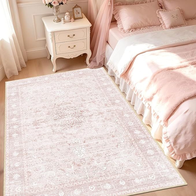 Pink Washable Rugs 5x7, Neutral Vintage Boho Carpet for Nursery | for Bedroom and Living Room, Low Pile Indoor Area Rug with Non-Slip Silicone Backing, Non-Shedding, Thin