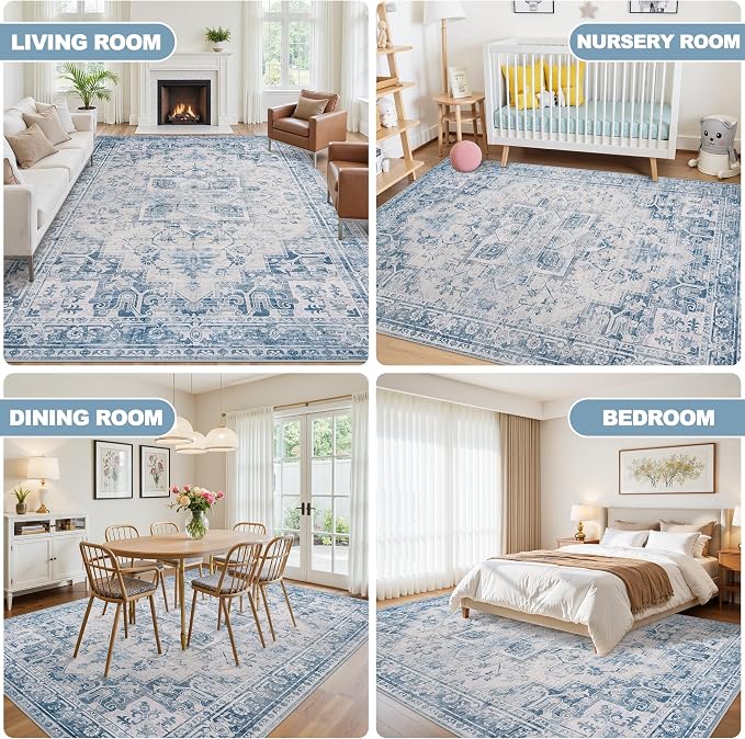 5x7 Area Rugs for Living Room:Blue Washable Vintage Medallion Boho Rug Non-Slip No Slip Stain Resistant Soft Low Pile Large Rugs Indoor Retro Carpet for Bedroom Nursery Dining Office (Blue Grey 5'x7')