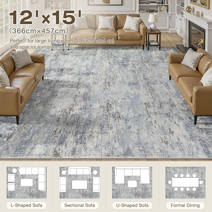 12x15 Area Rugs for Living Room, 12x15 Rug Washable High-Low Pile | Neutral Modern Abstract Carpet, Non Slip Lightweight Soft Made for Dining Room, Home Office Indoor Decor - Blue Gray