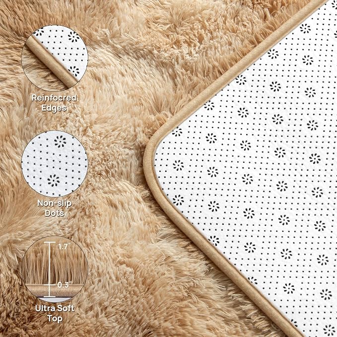 Deerhoo Large Shag Area Rugs 5 x 8, Tie-Dyed Plush Fuzzy Rugs for Living Room, Ultra Soft Fluffy Furry Rug for Bedroom, Indoor Carpet Nursery Rugs for Kids Room Home Decor, Beige