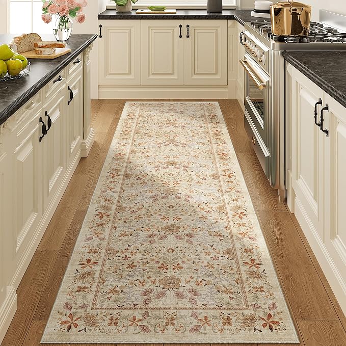 DUKINO 2x10 Runner Rug, Washable Vintage Floral Kitchen Rug, Beige | Non Slip, Low Pile, Non-Shedding, Stain Resistant Soft Long Runner Carpet for Hallway, Bathroom, Bedroom, Entryway, Farmhouse