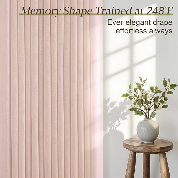 Light Pink Linen Curtains Pinch Pleated 90 Inch Length 2 Panels for Nursery Baby Girls Bedroom Semi Sheer Light Filtering Pleated Linen Curtains for Living Room Bedroom Dusty Blush Pink