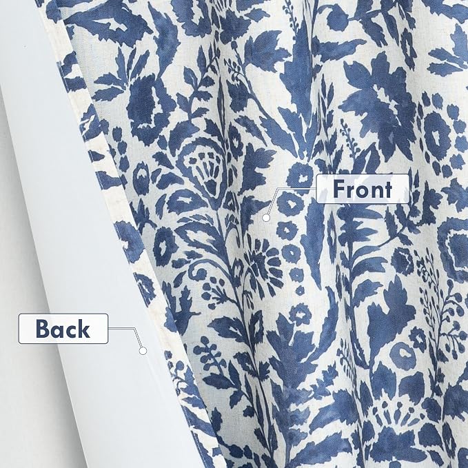 DriftAway Julia 100% Blackout Curtains Grommet 2 Panels, W52xL108, Navy | Floral Curtains, Bedroom, Living Room, Linen Blend, Watercolor Pattern, 2 Layers, Thermal Insulated, Window Treatment