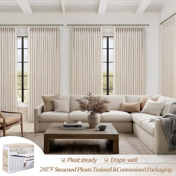 Natural Linen 60 Inch Wide Pleat High Ceiling Nursery Curtains 120 Inch Extra Long , Light Filtering Memory Shape Aesthetic Windows Curtain Semi Sheer 10 FT Length Drapes for Kids Room 2 Panels Set