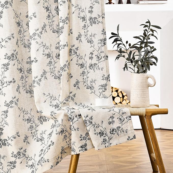 Lazzzy Floral Linen Curtains Farmhouse Extra Long Curtain for Living Room Bedroom Light Filtering Vintage Rod Pocket Back Tab Drapes for Home, 2 Panels, Black on Beige, W38 X L108