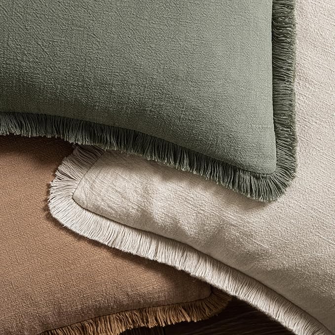 MIULEE Decorative Throw Pillow Covers Neutral Linen Fringe Throw Pillows Set of 2 Brown Boho Farmhouse Cushion Covers with Tassels for Couch Sofa Bed Living Room Fall Home Decor 20x20 Inch