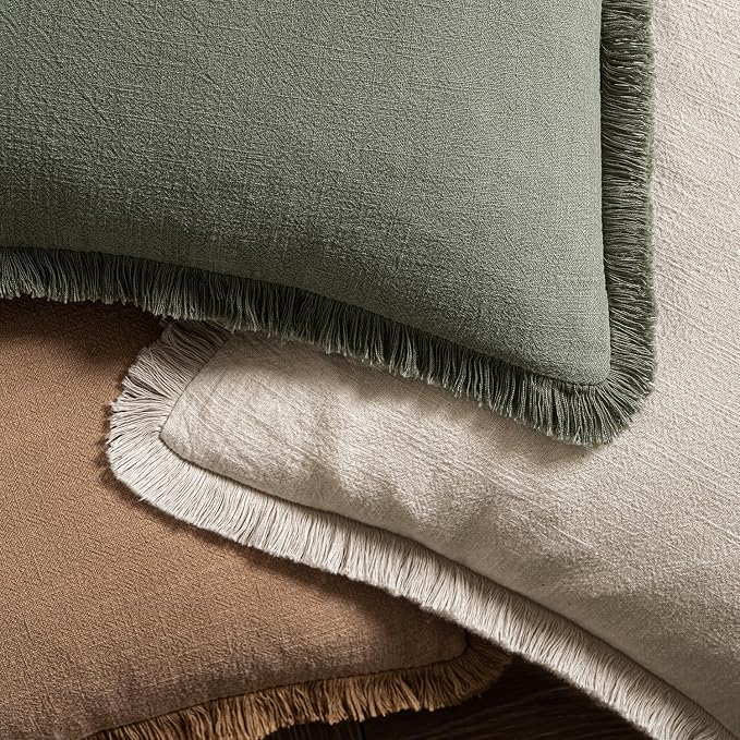 MIULEE Decorative Throw Pillow Covers Neutral Linen Fringe Throw Pillows Euro Shams Set of 2 Brown Boho Farmhouse Cushion Covers for Couch Sofa Bed Living Room Fall Home Decor 22x22 Inch