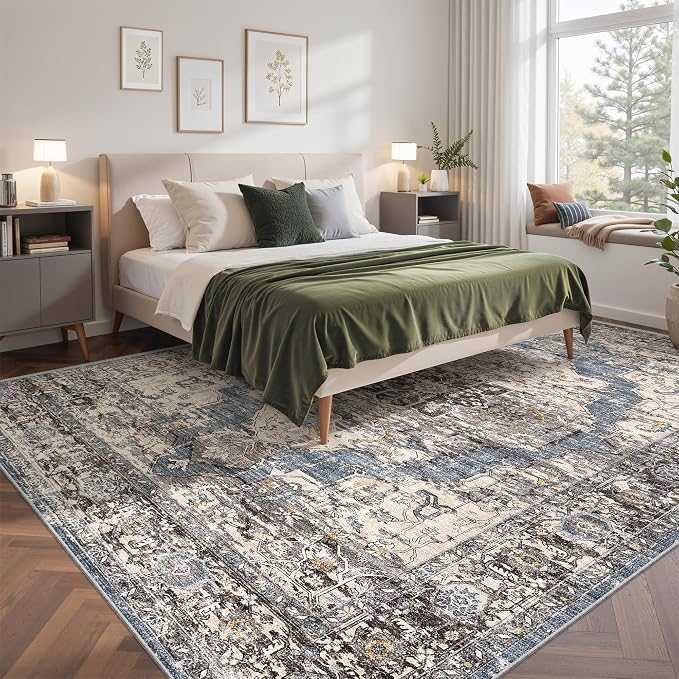 befbee 9x12 Area Rugs for Living Room,Ultra-Thin Washable Rug, Non-Slip Lightweight Foldable Area Rug, Stain Resistant Vintage Large Rugs(Blue/Black,9'x12')