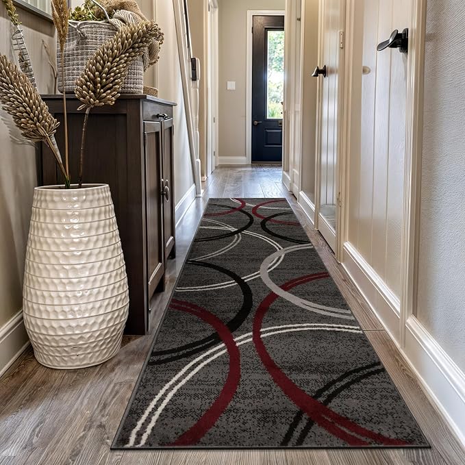 Rugshop Wavy Circles Modern Non-Shedding Runner Rug Red 2'7" x 12'
