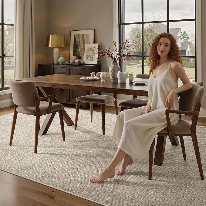 Valenrug 5x7 Area Rug - Stain Resistant 5x7 Rugs for Living Room, Non Slip High-Low Pile Textured Area Rugs for Bedroom, Folable Machine Washable Area Rug (5'x7', Beige)