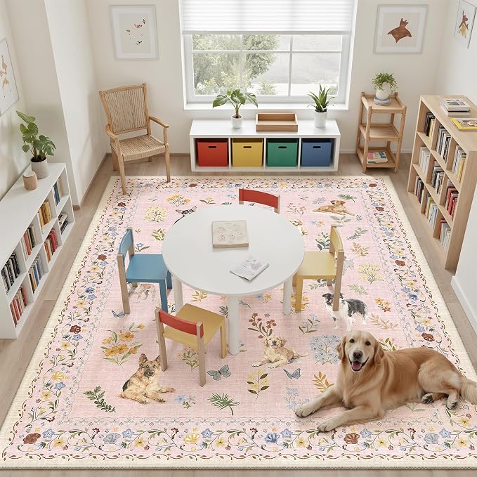 Soalmost Dog 9x12 Pink Area Rugs for Baby Girl Nursery, Washable Soft Rug | Floral Vintage Cute Animal Non-Slip Low Pile Throw Rugs for Living Room Dining Room Bedroom Playroom Classroom 9' x 12'