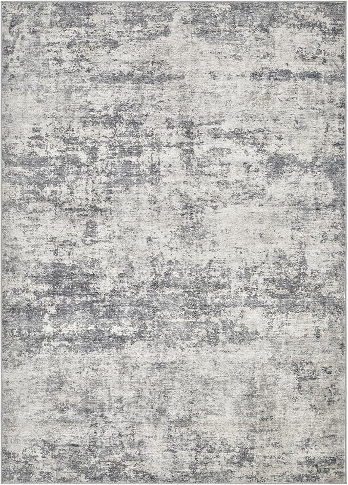 Abstract 6x9 Area Rug: Machine Washable Non Slip Ultra Thin Low-Pile Carpet, Soft Stain Resistant for Living Room Bedroom Nursery, Kid Pet Friendly, Robot Vacuum Compatible - Beige Dark Grey