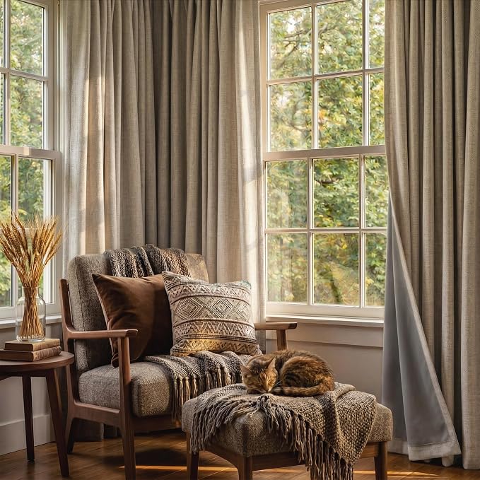 RYB HOME Burlap 100% Blackout Linen Curtains 78 inch Long, Thermal Insulated & Privacy Assurd Home Decor Drapes for Bedroom/Office/Nursery, Rod Pocket & Back Tab Window Treatment, W52 X L78, 2 Panels