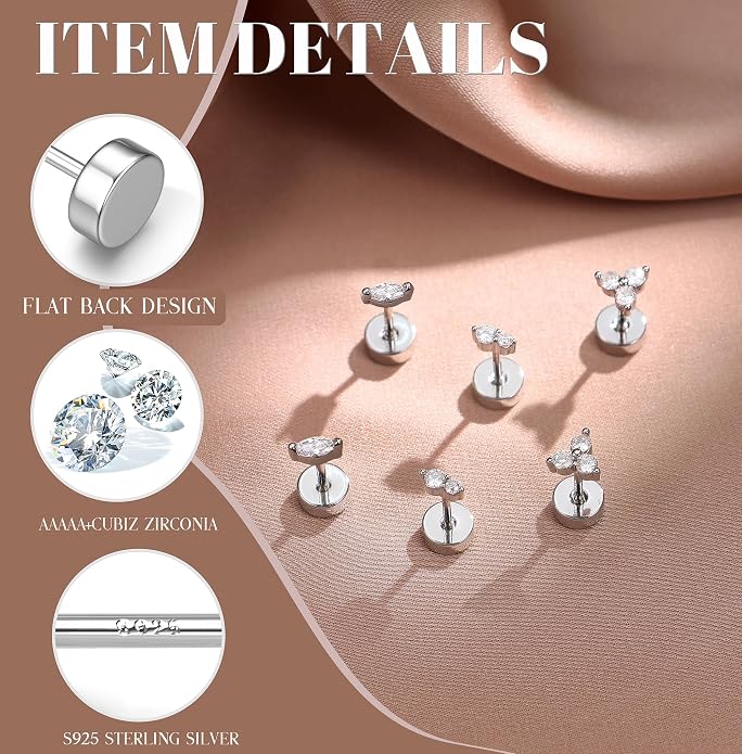 14K Gold Plated Solid 925 Sterling Silver Post Flat Back Earrings Stud | Cartilage Helix Conch Tragus Piercing Jewelry 3 Pairs Tiny Screw Dainty CZ Opal Earring Set Men Women