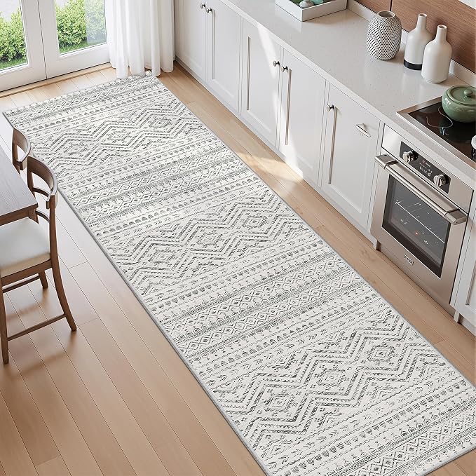 Miukiki 2x10 Runner Rug Moroccan Washable Hallway Runner Rug Non Slip Indoor Floor Kitchen Rug Foldable Carpet for Bathroom Laundry Room with Low Pile(Grey,2'x10')