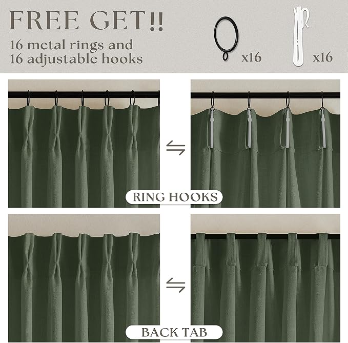 TWODRAPES Olive Green Pinch Pleated Linen Curtains 92 Inches Long 2 Panels for Living Room Bedroom Semi Sheer Pinch Pleat Drapes with Hooks Rings Boho Farmhouse Light Filtering Window Curtain 40x92