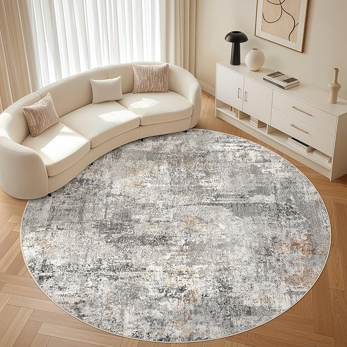 10ft Round Rug Living Room Rugs: 10x10 Washable Circle Large Abstract Modern Soft Stain Resistant Non-Slip Indoor Floor Carpet for Bedroom Nursery Office Dining Room Playroom Home House- Gray Rust