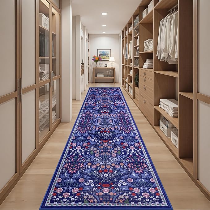 Runner Rug for Entryway: 2.6x14 Kitchen Rugs Non Slip Washable Ultra-Thin Soft Floral Carpet Indoor Floor Stain Resistant Carpets for Hallway Bedroom Kitchen Laundry Bathroom Dorm Blue