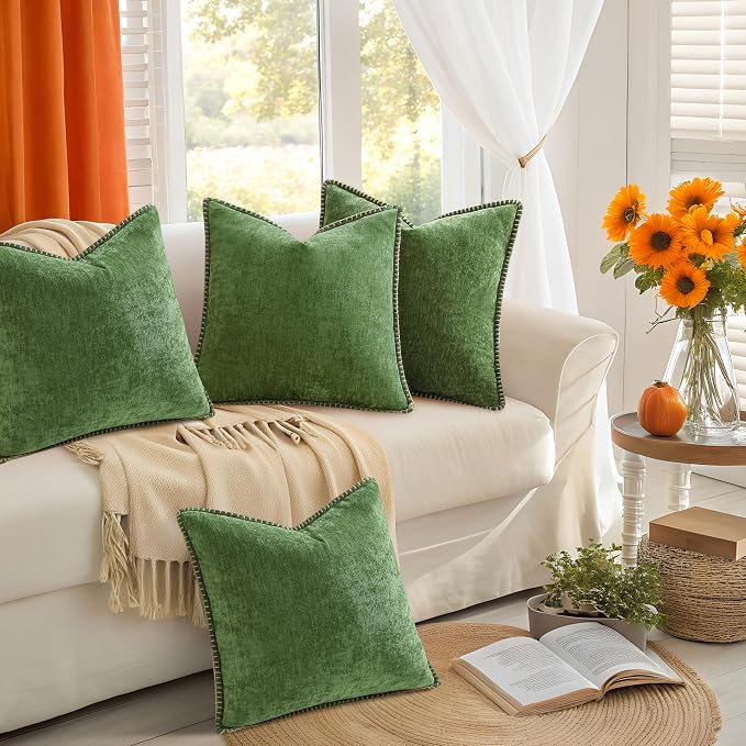 decorUhome Fall Soft Decorative Chenille Throw Pillow Covers 20x20 Set of 4 | Moss Green Cozy Decorative Modern Farmhouse Neutral Pillow Cases with Stitched Edge for Couch Sofa Bed Living Room Home Decor