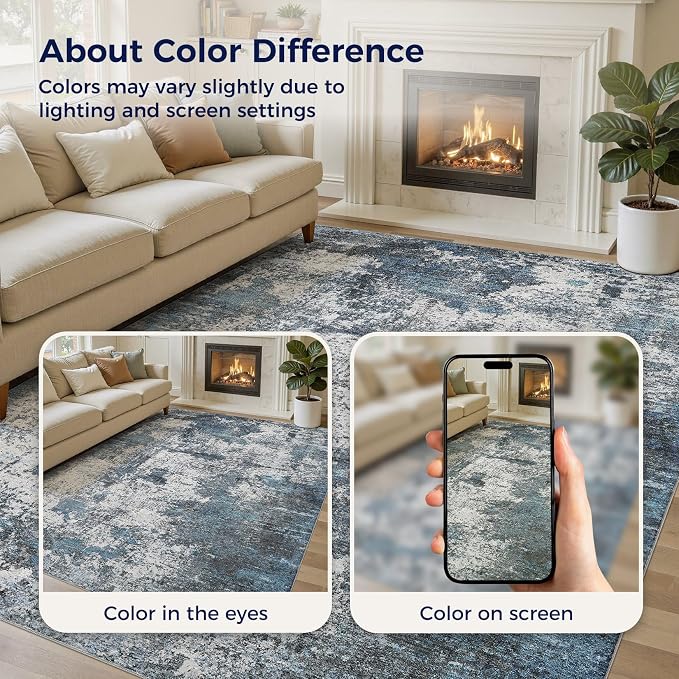 DMOYEST Area Rug Living Room Rugs - 9x12 Large Soft Indoor Neutral Modern Abstract Low Pile Washable Rug Carpet for Bedroom Dining Room Farmhouse Home Office - Grey Blue