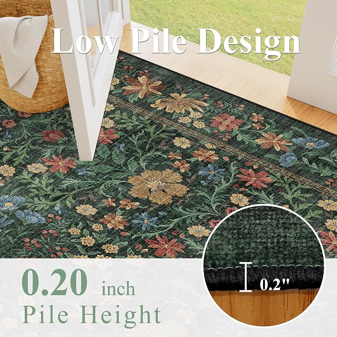 DUKINO 5x7 Area Rugs, Vintage Floral Washable Rug for Living Room, Green | Non Slip, Low Pile, Soft, Lightweight, Boho Indoor Carpet for Bedroom, Office, Dining Room, Dorm Room, Farmhouse, Home Decor