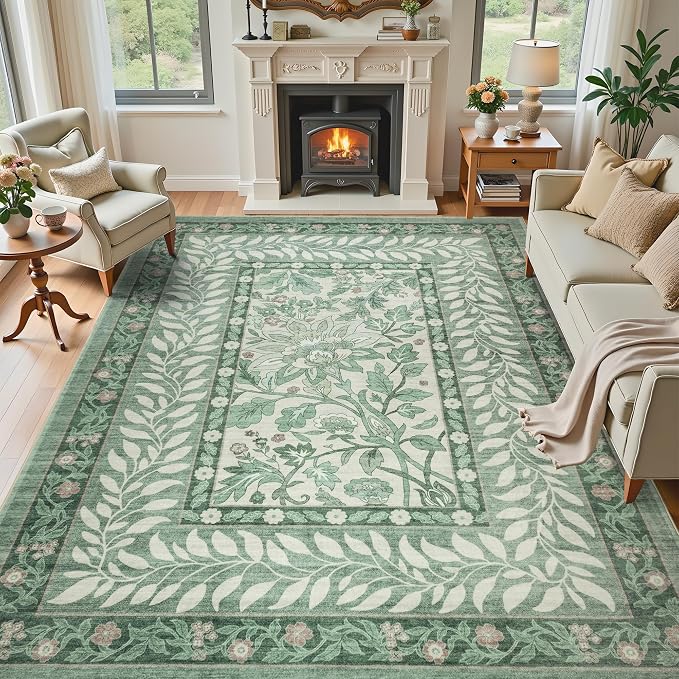 8x10 Vintage Washable Sage Green Area Rug | Living Room,Low Pile Non Slip Carpet Non-Shedding Large Soft Indoor Stain Resistant Floral Print Mat for Bedroom Dining Room