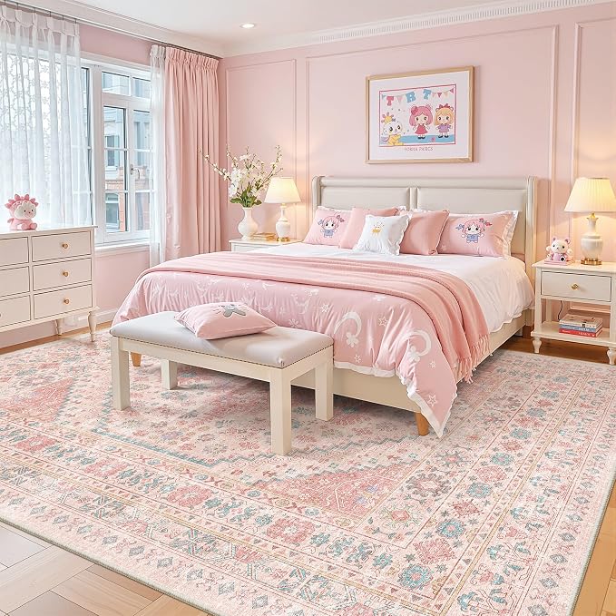 zesthome 9x12 Area Rugs for Girls Bedroom, Low Pile Machine Washable Rugs, Vintage Large Pink Rugs, Stain Resistant Nursery Room Rug, Baby Crawling Rug (Pink/Blue,9'x12')