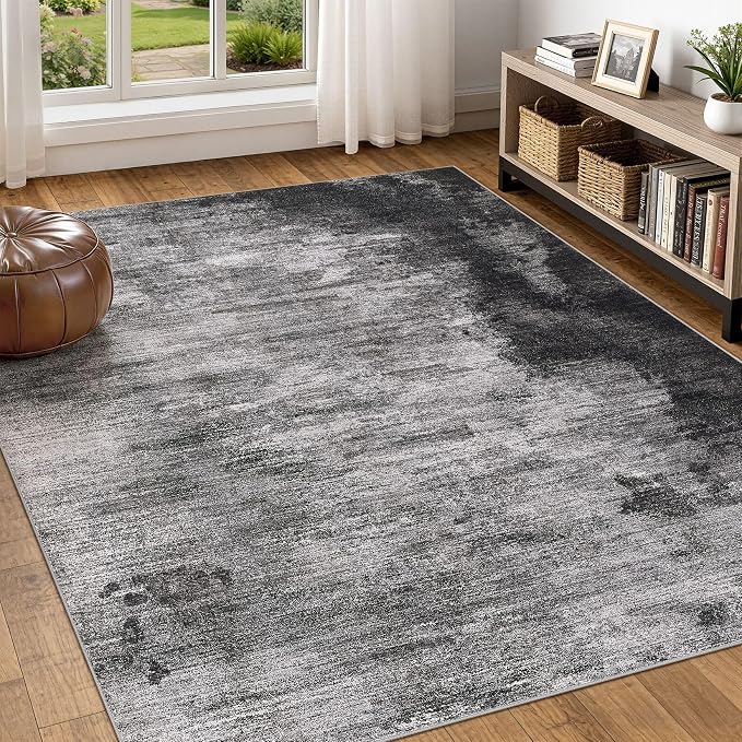 DMOYEST 6x9 Area Rug - Washable & Non Slip Indoor Rug for Living Room, Kid & Pet Friendly Abstract Low Pile Soft Carpet for Bedroom and Dining Room - Dark Grey Blue