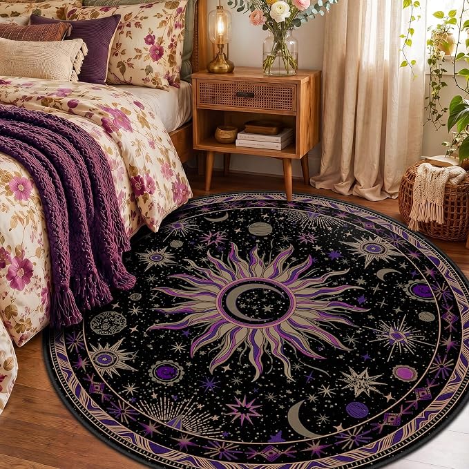 Vacuum-Friendly, Round 4ft Washable Area Rug, Black Purple Beige | Sun and Moon Boho Gothic Non-Slip Low Pile Living Roon Bedroom Dining Room Kitchen Entry Entryway Entrance Hallway Doormat