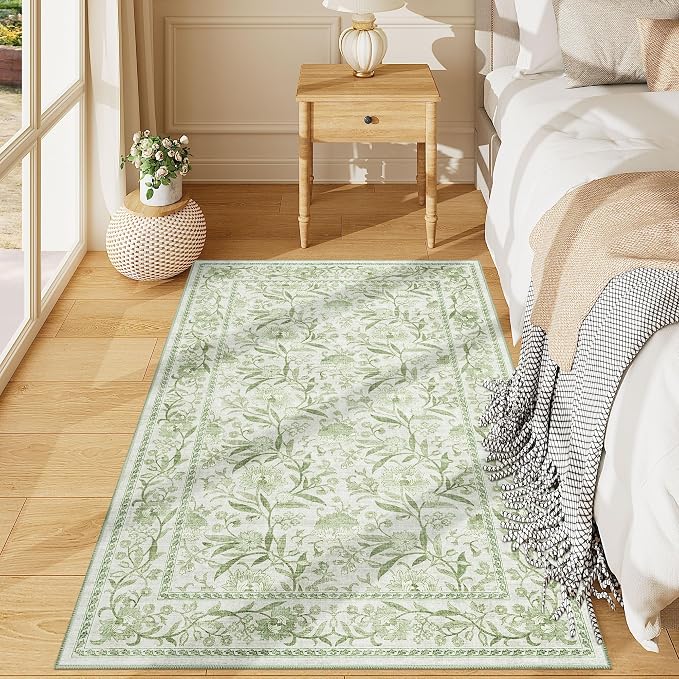 DUKINO 3x5 Rug Washable Vintage Floral Bedroom Area Rug Non Slip Sage Green | Low Pile, Non-Shedding, Stain Resistant Boho Lightweight Soft Indoor Carpet for Bathroom Office Dining Living Room Farmhouse