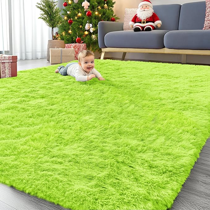 OLANLY 9x12 Machine Washable Large Area Rugs for Living Room, Bedroom, Soft Fluffy Shaggy Bedside Rug, Indoor Floor Carpet for Kids Girls and Boys, Dorms, Nursery, Home Decor Aesthetic, Lime Green
