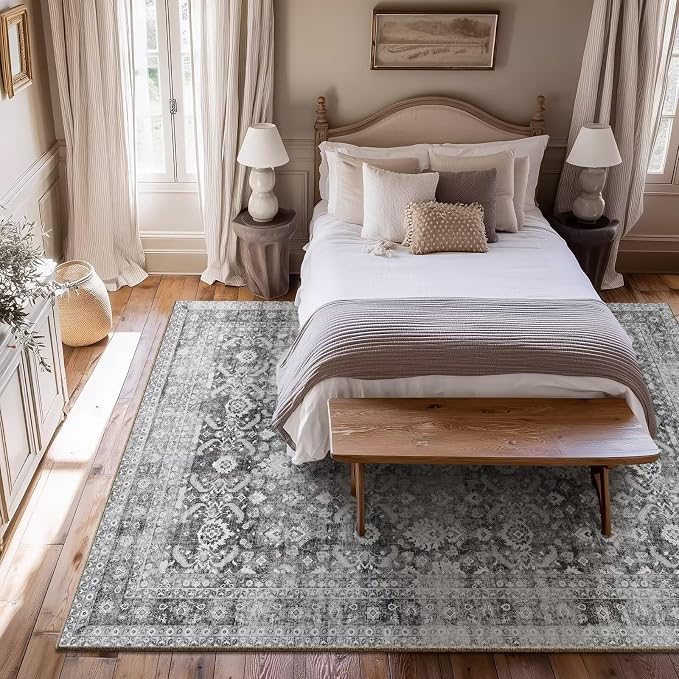 Boho Washable 5x7 Area Rugs for Living Room, Cushioned, Grey | Vintage Non-slip Rugs for Bedroom Dining Room Nursery Office, 0.3" Neutral Oriental Throw Thin Carpet, Grey