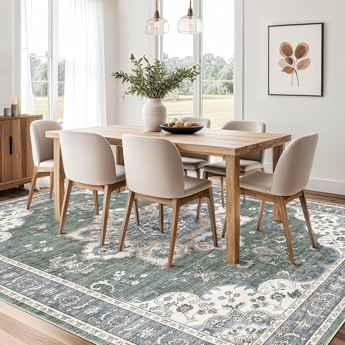 Area Rug for Living Room - 9x12 Soft Washable Oriental Vintage Floral Distressed Large Carpet - Fade Stain Resistant Non Slip Rugs for Bedroom Dining Room Nursery Dorm Office Home Decor - Green