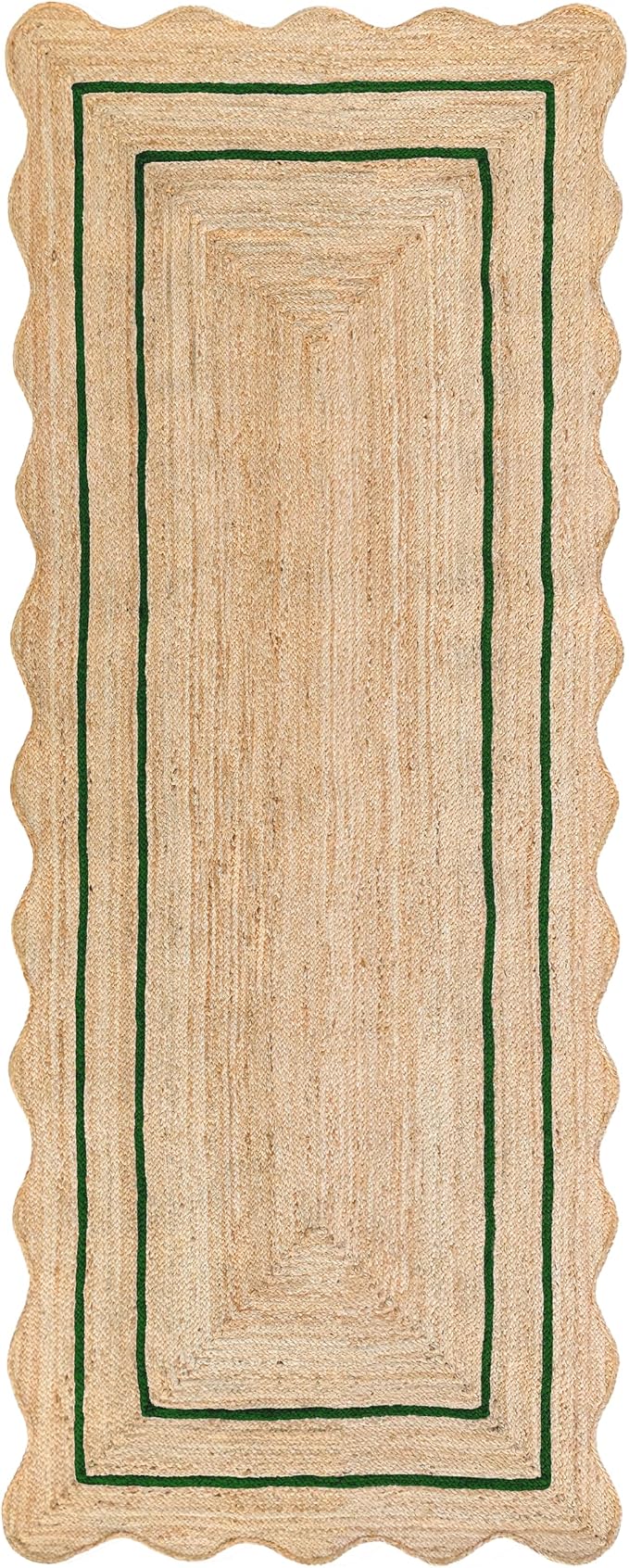 Wave Scalloped Natural Jute Runner, Green (2'6"x18'): Boho Farmhouse Entryway Scallop Rug