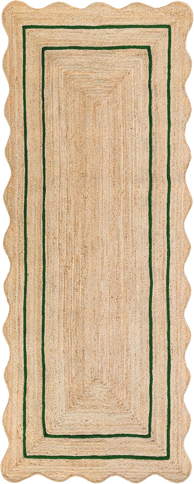 Wave Scalloped Natural Jute Rug Boho Jute Rug Entryway Runner Rug Farmhouse Scallop Rug, Green (2'6"x14')