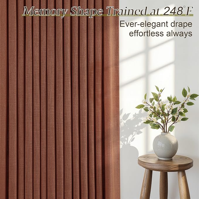 Terracotta Burnt Orange Thick Linen Curtains Pinch Pleated 102 Inch Length 2 Panels for Living Room Bedroom Semi Sheer Light Filtering Heavy Linen Drapes