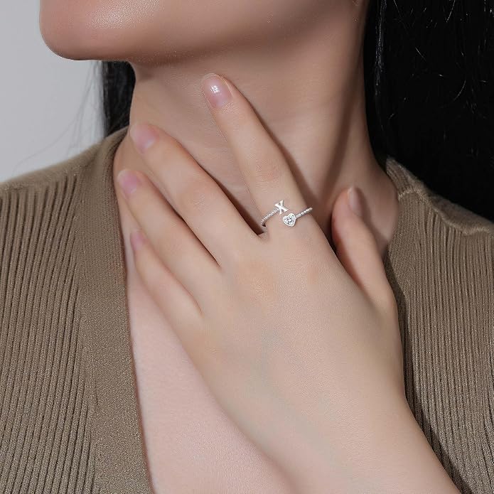 Step Forward 925 Sterling Silver Adjustable Initial Ring for Women | Non Tarnish Letter Rings for Lady | Alphabet Heart Thumb Rings | Capital Letter Jewelry Gifts