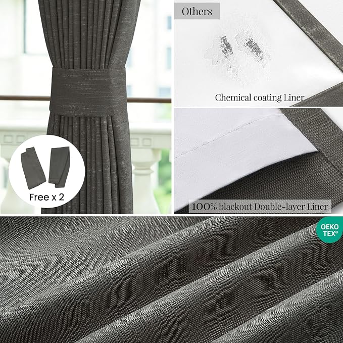 Topfinel 96 Inch Long Blackout Linen Curtains for Livingroom, Carbon Grey Viral Drapes Pinch Pleated Curtains for French Doors 2 Panels Set, Luxury Modern American Style Linen Drapes 52" W*96" L