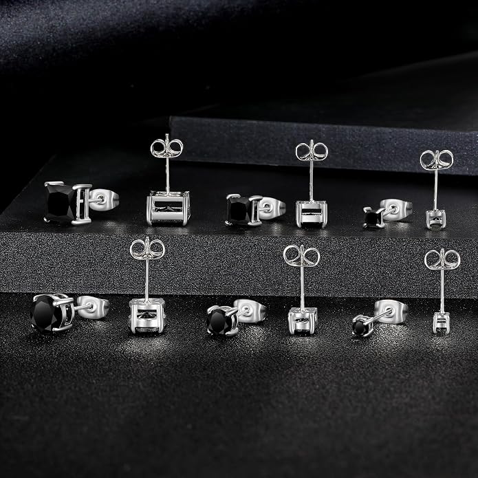 MDFUN 6 Pairs Stud Earrings Set 3mm/5mm/7mm Princess & Round Cubic Zirconia Earrings Hypoallergenic 316L Surgical Stainless Steel CZ Earrings for Women Men