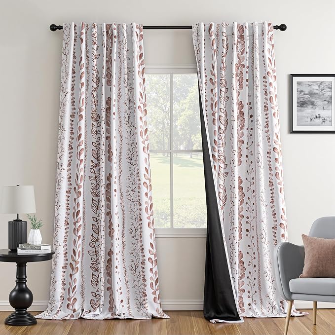 MEETSKY Brown Blackout Curtains for Bedroom, Thermal Insulated Privacy Protection Back Tab Curtains 95 Inches Length for Living Room, Leaf Pattern, 2 Panels, 50" Wide Each
