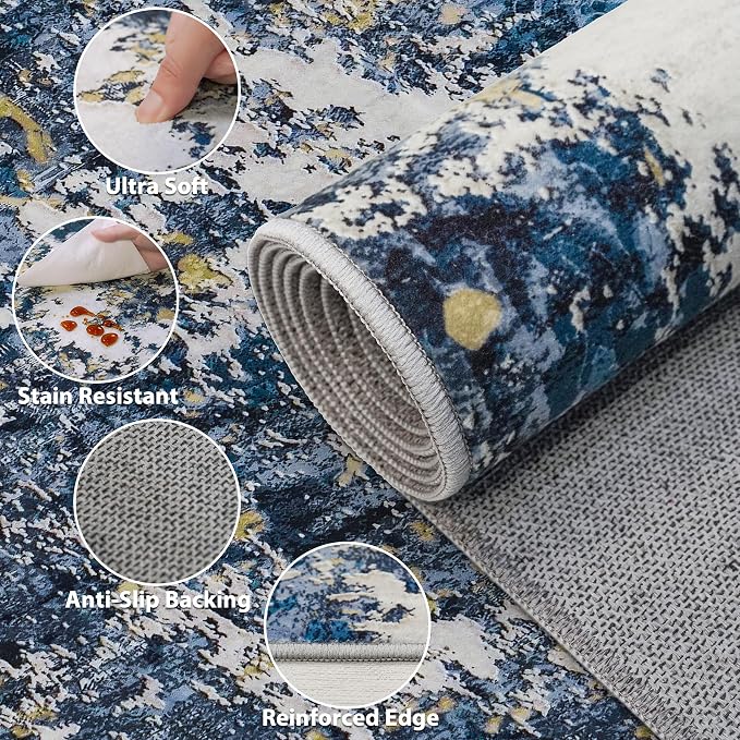 Area Rug 9x12 Living Room: Large Washable Rug with Anti-Slip Backing Non-Shedding Stain-Resistant Soft Abstract Carpet for Bedroom Dining Room Nursery Home Office (Blue/Multi)