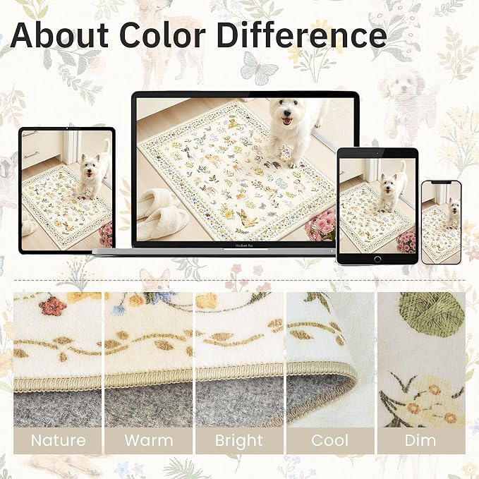Soalmost Dog 8x10 Area Rugs for Living Room, Washable Animal Soft Rug Beige | Floral Vintage Non-Slip Low Pile Cute Throw Large Rugs for Classroom Bedroom Dining Room Nursery Playroom 8' x 10'