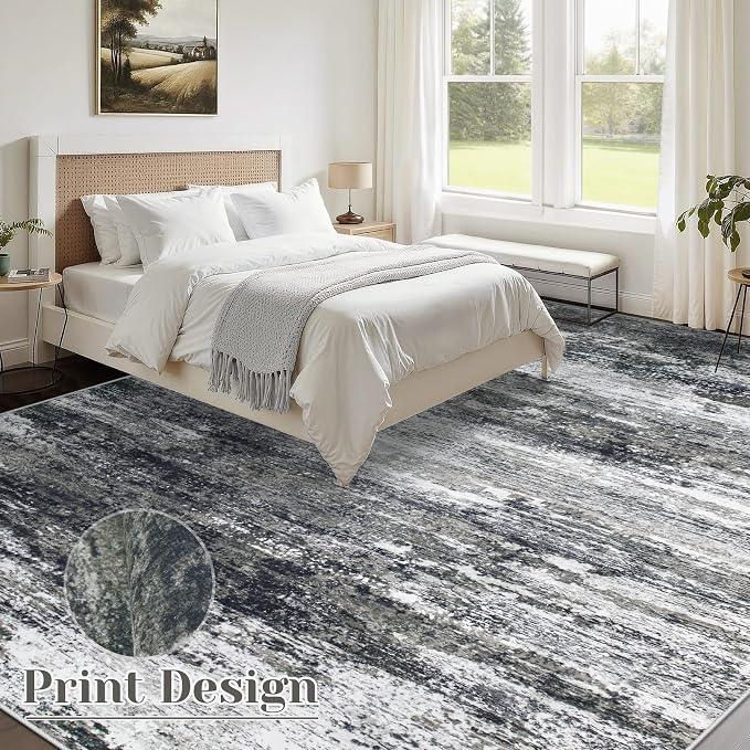 Washable Rug 9x12 Area Rugs for Living Room: Large Neutral Soft Rug Abstract Non Slip Low Pile Modern Carpet for Bedroom Kitchen Nursery Office Dining Room Indoor (Black, 9'x12')