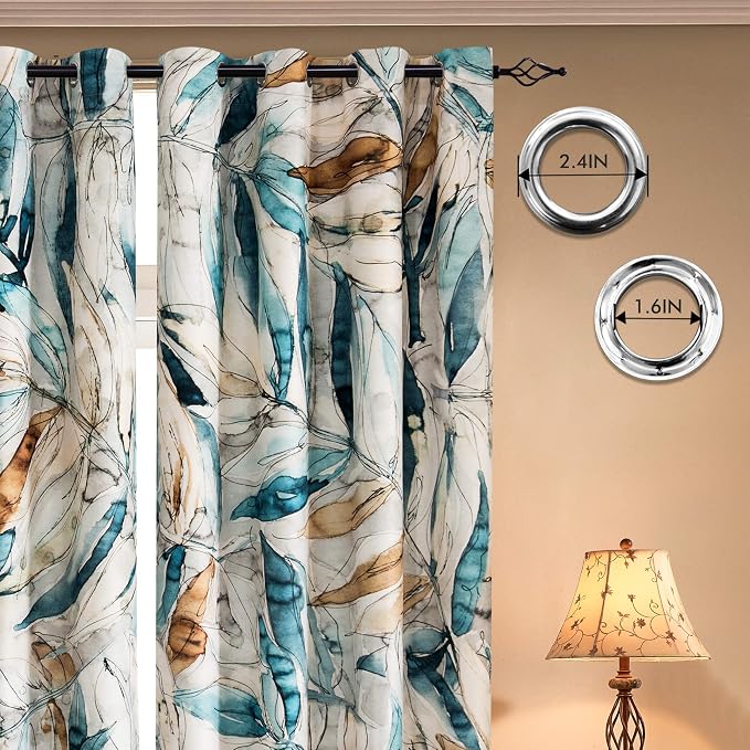 SUBRTEX Boho Leaf Printed Curtains 84 inch Long 2 Panels, Room Darkening Vibrant Floral Drapes, 50% Blackout Light Flitering Curtains, Semi Sheer Farmhouse Curtains for Living Room, 52Wx84L, Blue Leaf